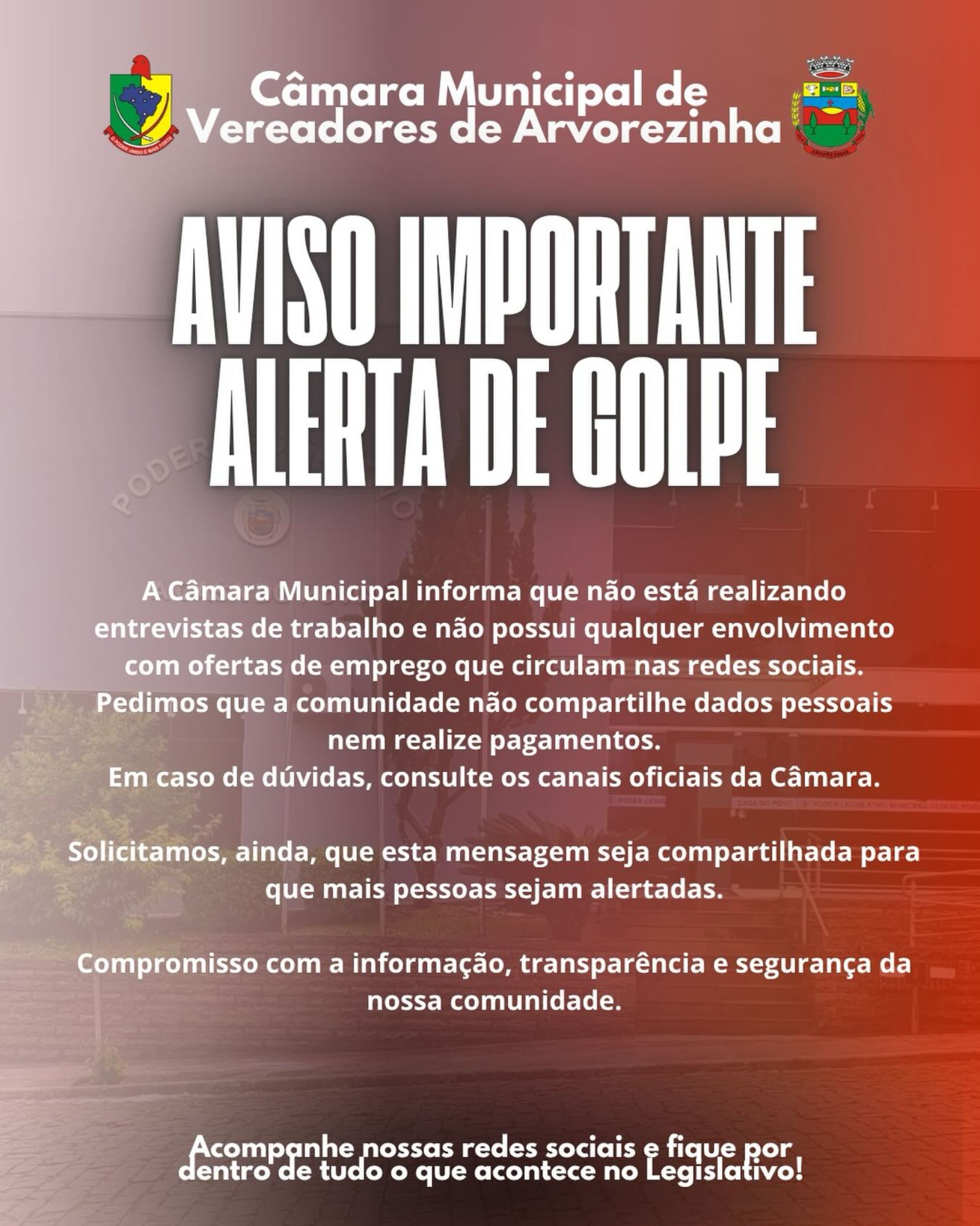 Câmara de Arvorezinha alerta para golpes com falsas ofertas de emprego