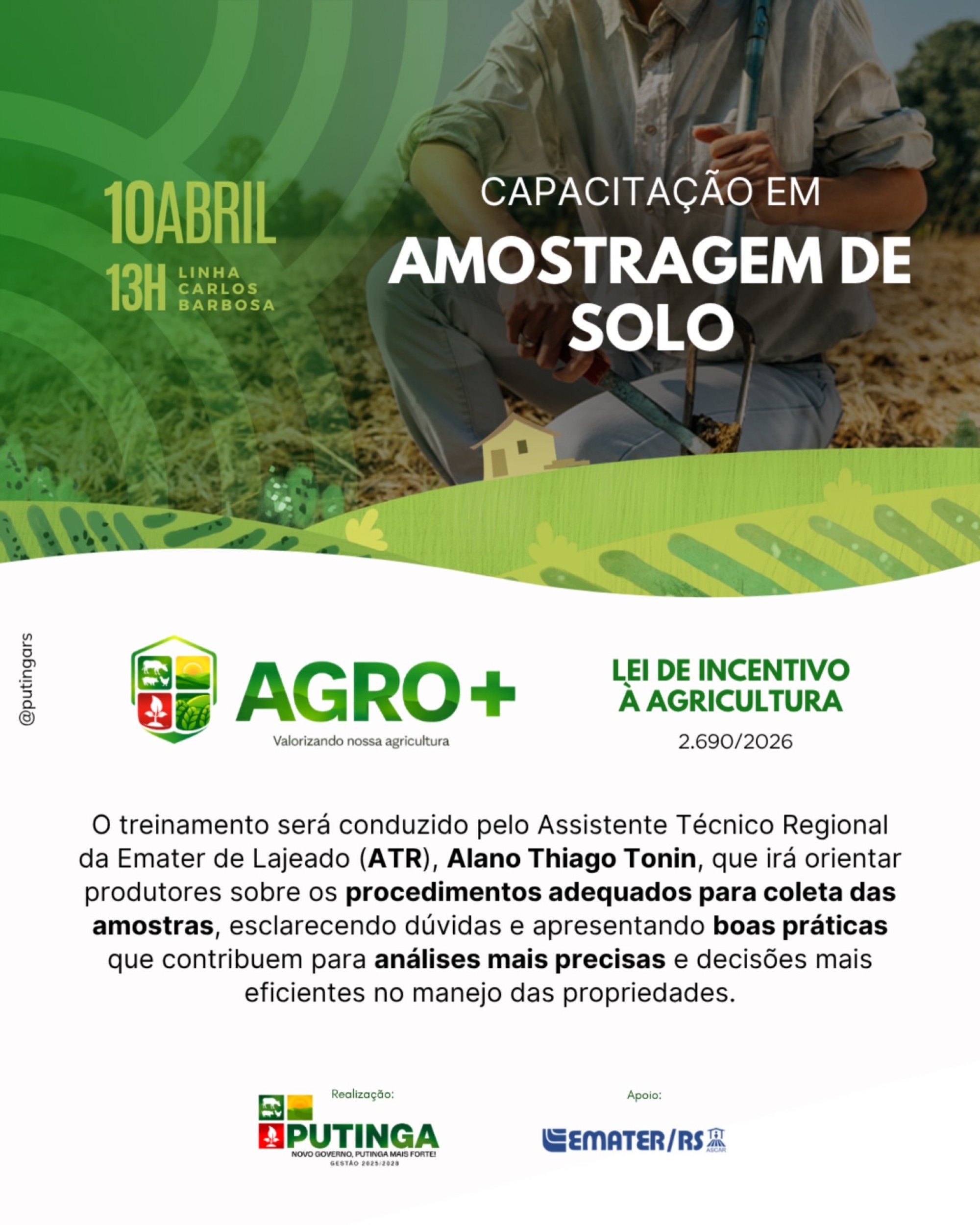 Putinga promove treinamento técnico sobre coleta de solo para agricultores